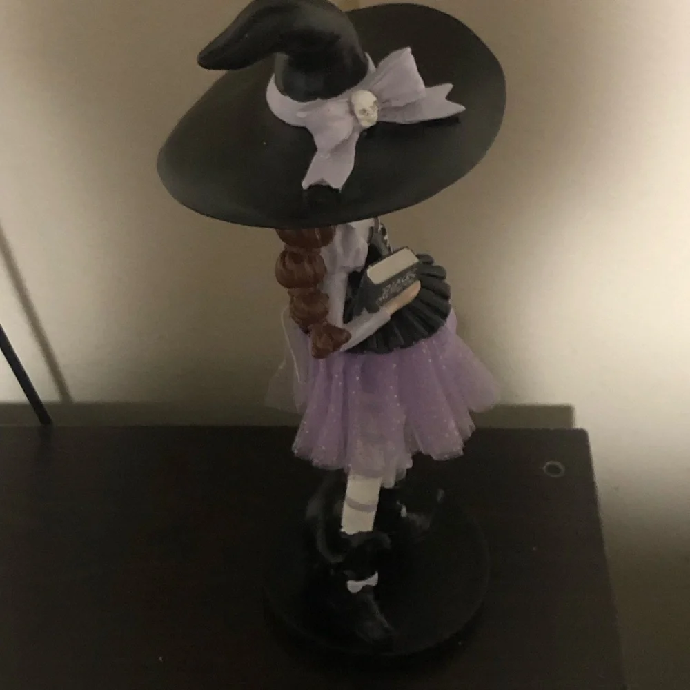 Whimsical Witch Figurine with Black Cat Wand Black Magic Book Halloween 15 Inch